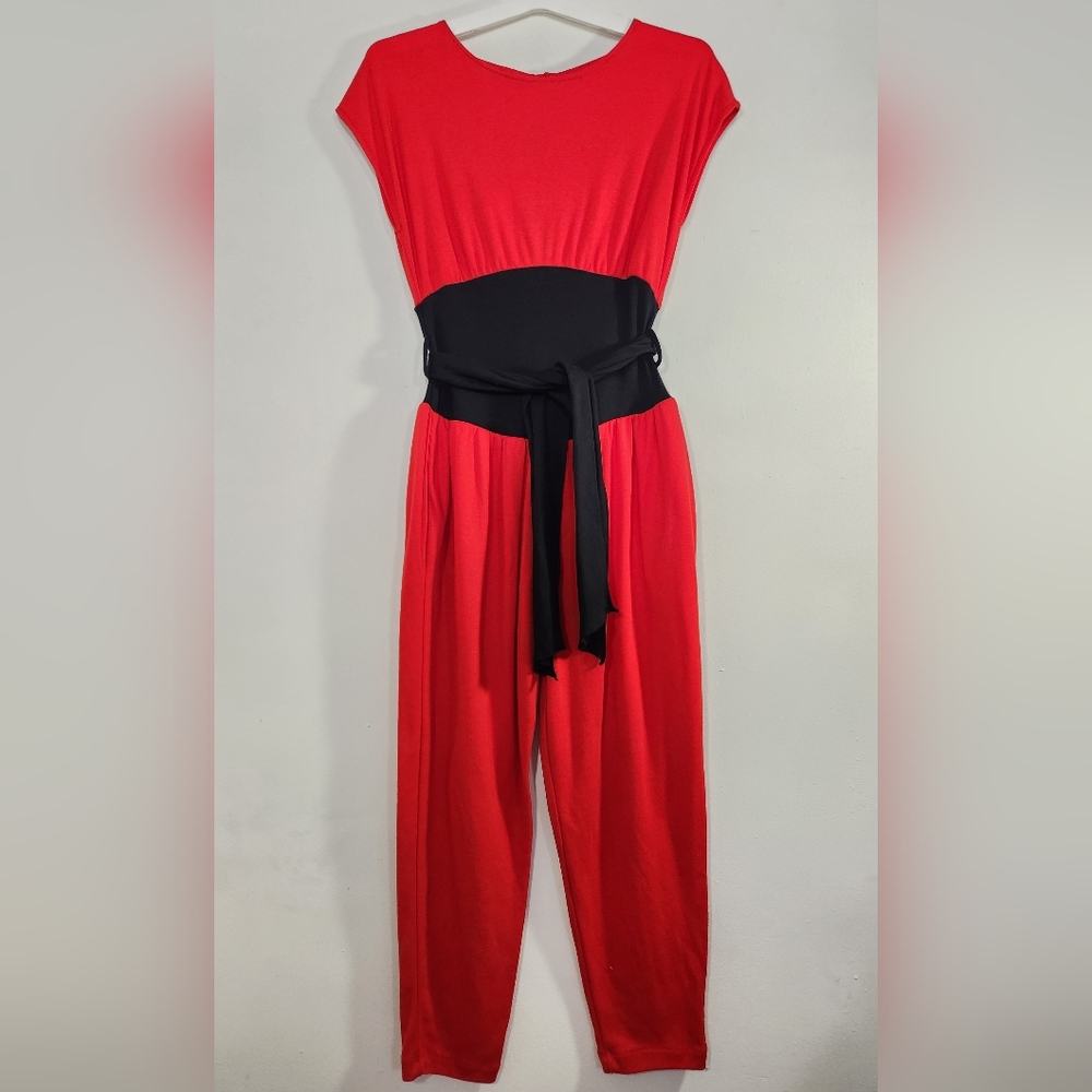 1980s Red and Black Jumpsuit with Belt! Comfy Vintage Romper
